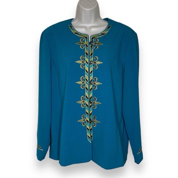 Vintage 90s Bob Mackie Wearable Art Embroidered Turquoise Jacket Women Large - Picture 1 of 13